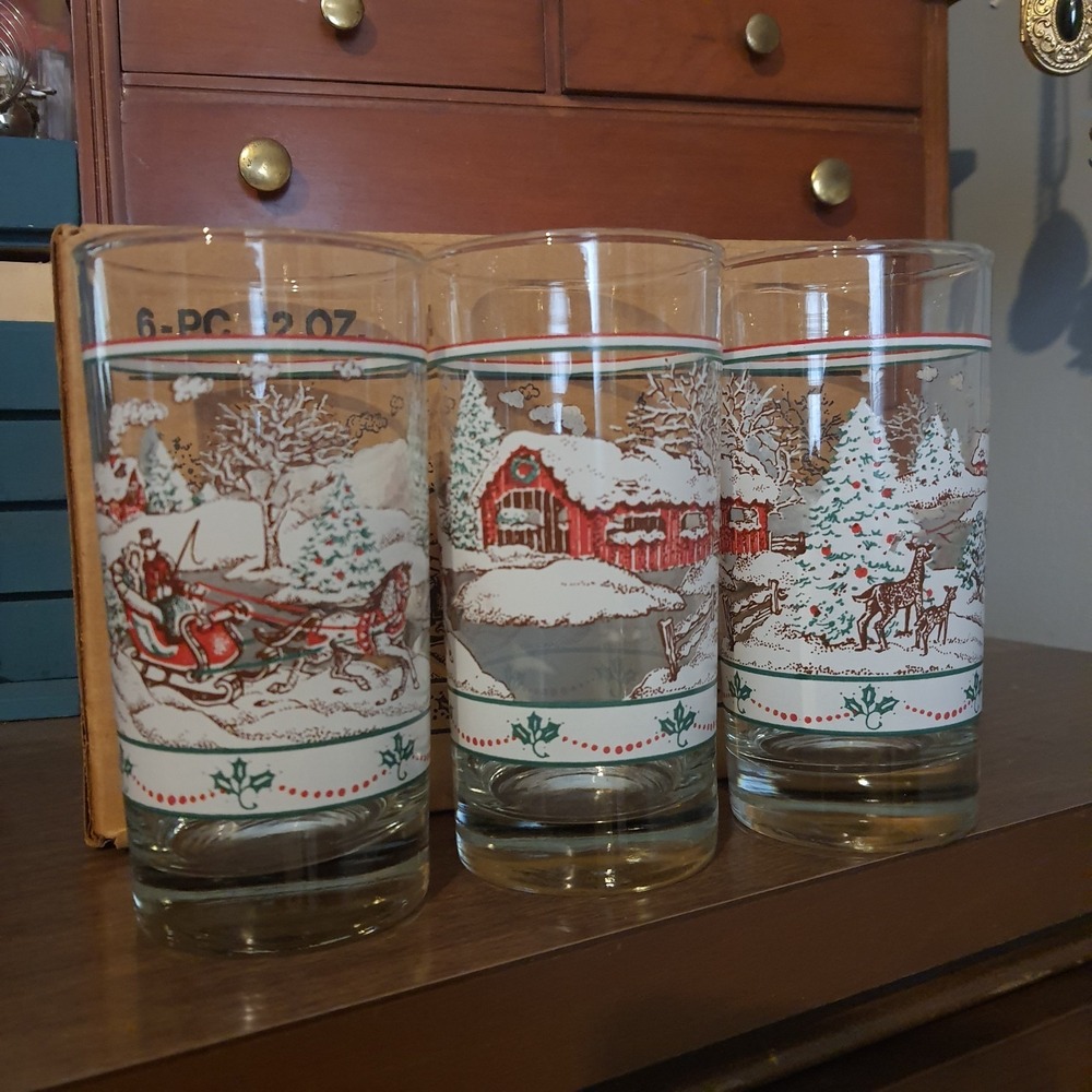 Vintage Home Interiors Christmas Holiday 12Oz Glasses 6pc Country Snow Deer Cups